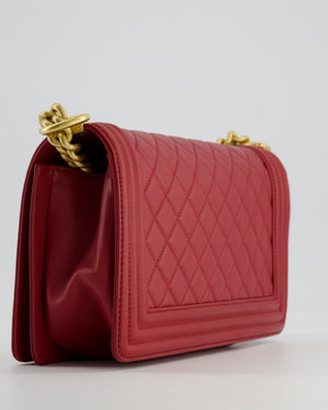 Chanel Red Medium Boy Bag in Calfskin Leather with Antique Gold Hardware
