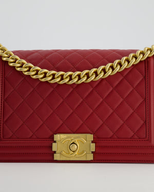 Chanel Red Medium Boy Bag in Calfskin Leather with Antique Gold Hardware