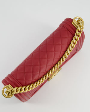 Chanel Red Medium Boy Bag in Calfskin Leather with Antique Gold Hardware