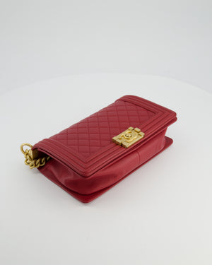 Chanel Red Medium Boy Bag in Calfskin Leather with Antique Gold Hardware