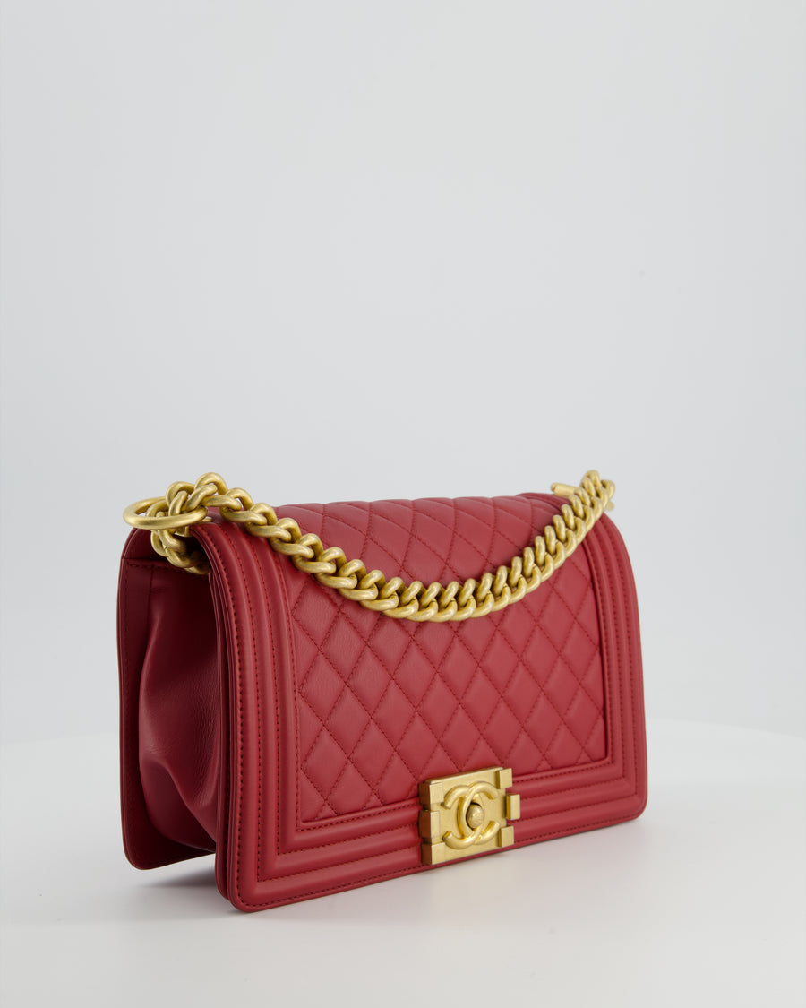 Chanel Red Medium Boy Bag in Calfskin Leather with Antique Gold Hardware