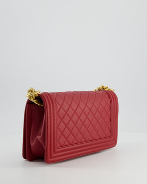 Chanel Red Medium Boy Bag in Calfskin Leather with Antique Gold Hardware
