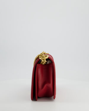 Chanel Red Medium Boy Bag in Calfskin Leather with Antique Gold Hardware