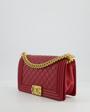 Chanel Red Medium Boy Bag in Calfskin Leather with Antique Gold Hardware