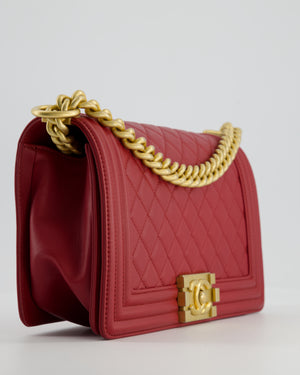 Chanel Red Medium Boy Bag in Calfskin Leather with Antique Gold Hardware