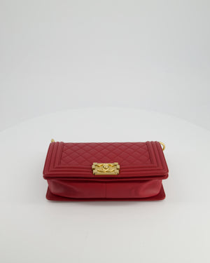 Chanel Red Medium Boy Bag in Calfskin Leather with Antique Gold Hardware