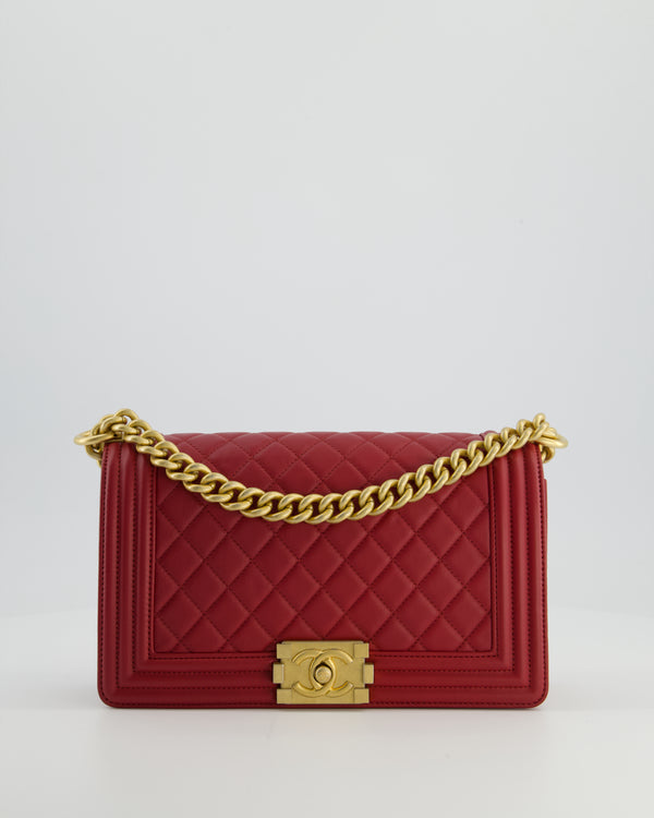 Chanel Red Medium Boy Bag in Calfskin Leather with Antique Gold Hardware