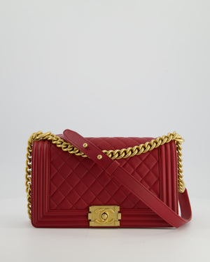 Chanel Red Medium Boy Bag in Calfskin Leather with Antique Gold Hardware