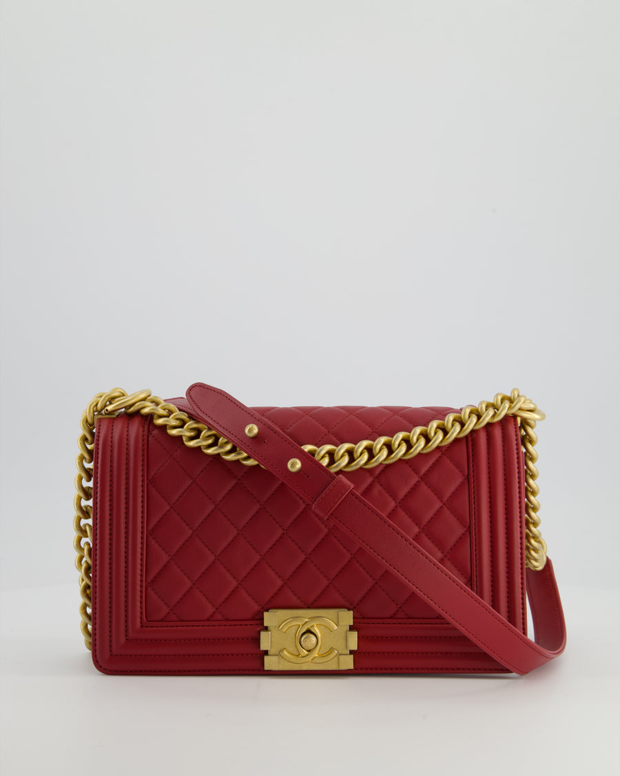 Chanel Red Medium Boy Bag in Calfskin Leather with Antique Gold Hardware