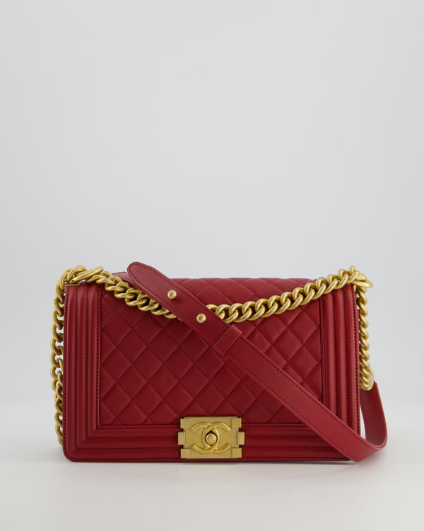 Chanel Red Medium Boy Bag in Calfskin Leather with Antique Gold Hardware