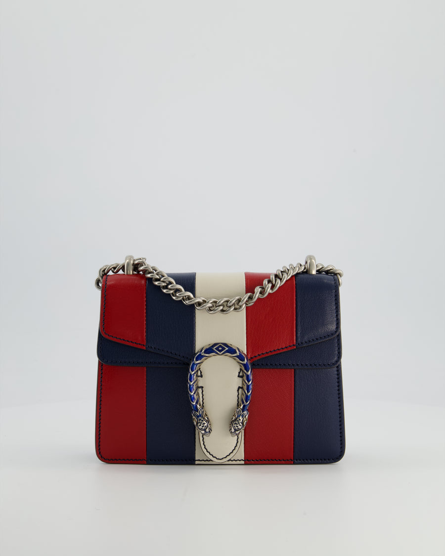 Gucci Red, Navy & Cream GG Small Dionysus Bag in Goatskin Leather with Brushed Silver & Enamel Hardware
