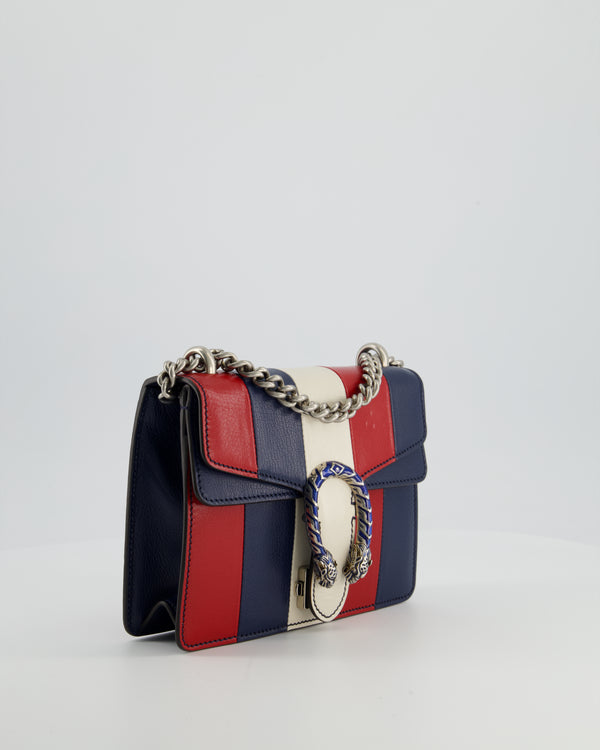 Gucci Red, Navy & Cream GG Small Dionysus Bag in Goatskin Leather with Brushed Silver & Enamel Hardware
