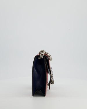 Gucci Red, Navy & Cream GG Small Dionysus Bag in Goatskin Leather with Brushed Silver & Enamel Hardware