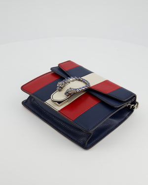 Gucci Red, Navy & Cream GG Small Dionysus Bag in Goatskin Leather with Brushed Silver & Enamel Hardware