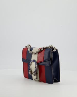 Gucci Red, Navy & Cream GG Small Dionysus Bag in Goatskin Leather with Brushed Silver & Enamel Hardware