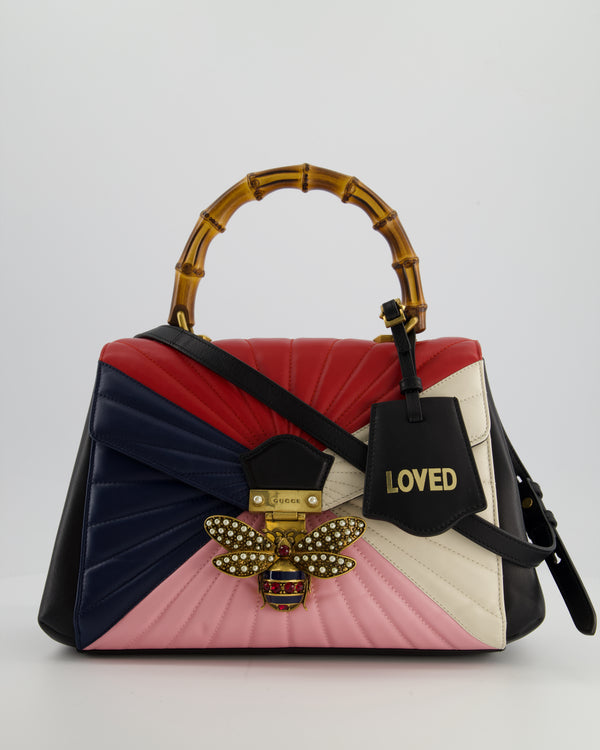 Gucci Black, Navy, Red, Pink & Cream Queen Margaret Matelasse Bamboo Top Handle Bag with Gold Hardware and Embellished Bee Detail