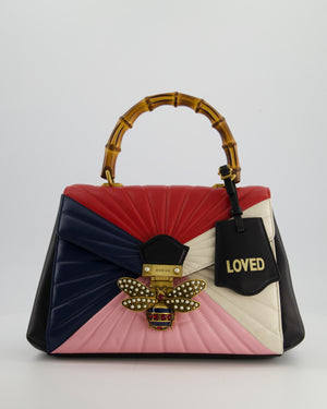 Gucci Black, Navy, Red, Pink & Cream Queen Margaret Matelasse Bamboo Top Handle Bag with Gold Hardware and Embellished Bee Detail