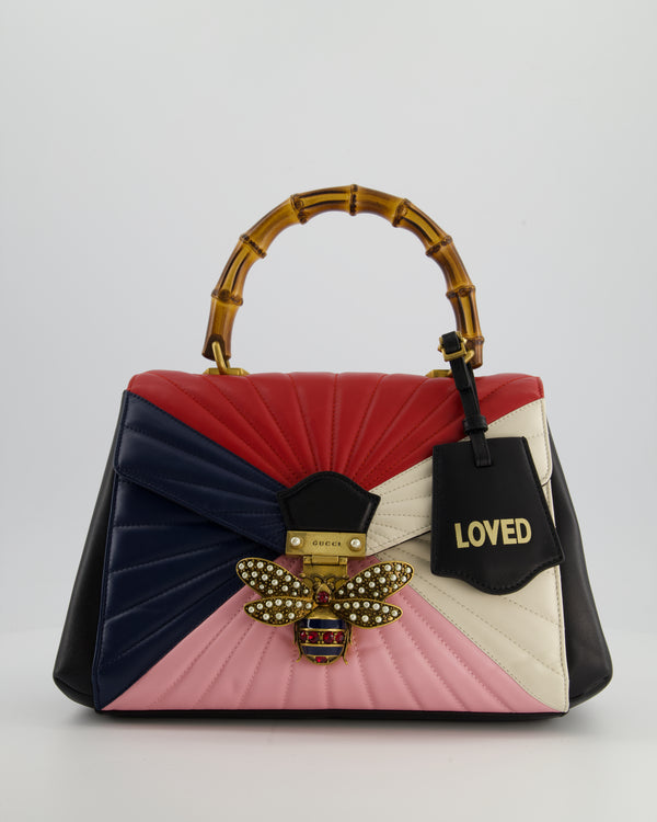 Gucci Black, Navy, Red, Pink & Cream Queen Margaret Matelasse Bamboo Top Handle Bag with Gold Hardware and Embellished Bee Detail