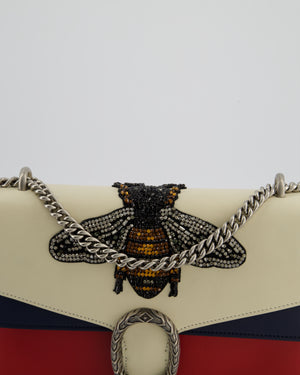 Gucci Red, Cream & Navy Dionysus Large Bag with Silver Hardware & Embellished Bee Detail