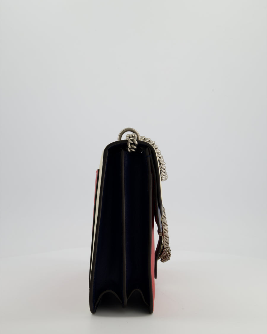 Gucci Red, Cream & Navy Dionysus Large Bag with Silver Hardware & Embellished Bee Detail