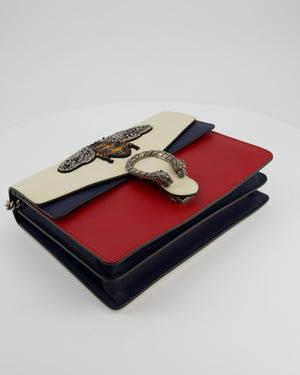 Gucci Red, Cream & Navy Dionysus Large Bag with Silver Hardware & Embellished Bee Detail