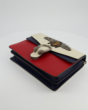 Gucci Red, Cream & Navy Dionysus Large Bag with Silver Hardware & Embellished Bee Detail