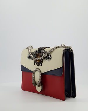 Gucci Red, Cream & Navy Dionysus Large Bag with Silver Hardware & Embellished Bee Detail