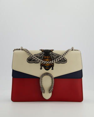 Gucci Red, Cream & Navy Dionysus Large Bag with Silver Hardware & Embellished Bee Detail