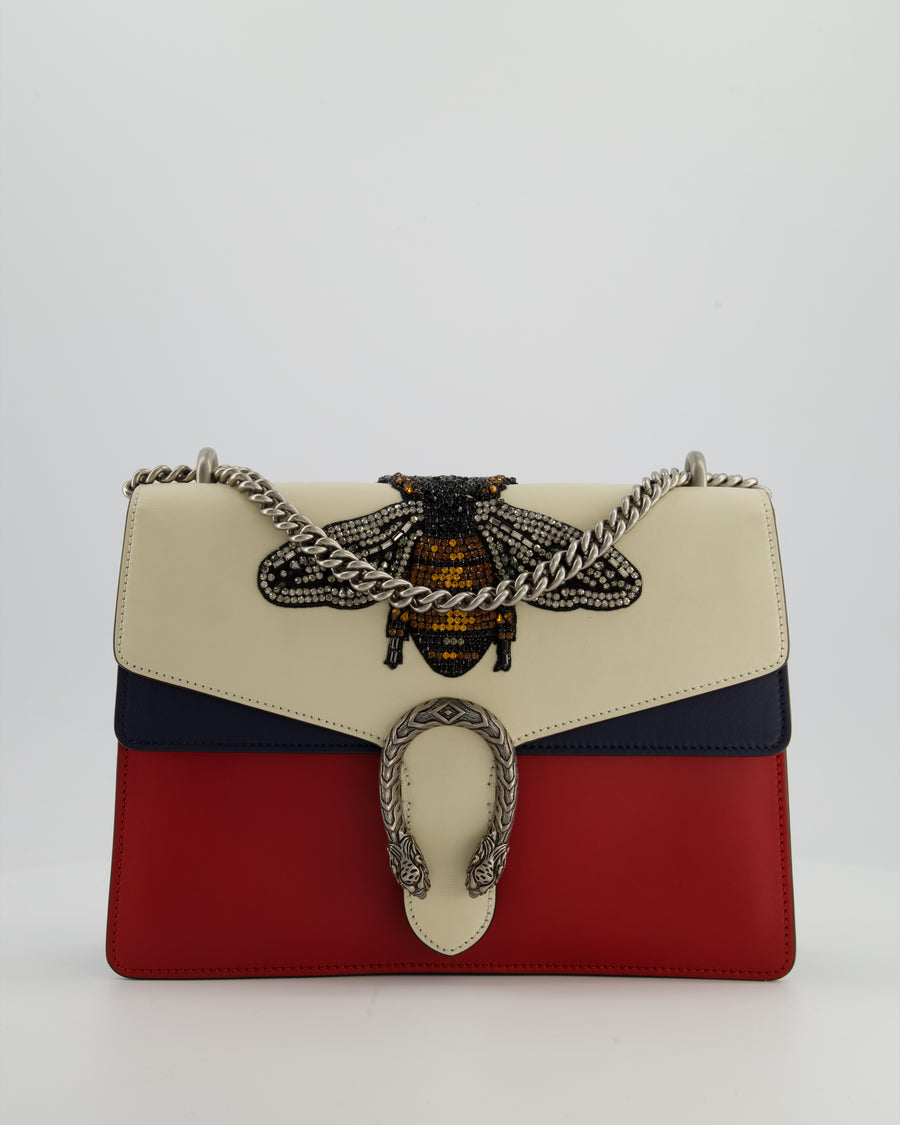 Gucci Red, Cream & Navy Dionysus Large Bag with Silver Hardware & Embellished Bee Detail
