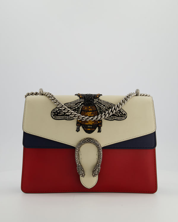 Gucci Red, Cream & Navy Dionysus Large Bag with Silver Hardware & Embellished Bee Detail