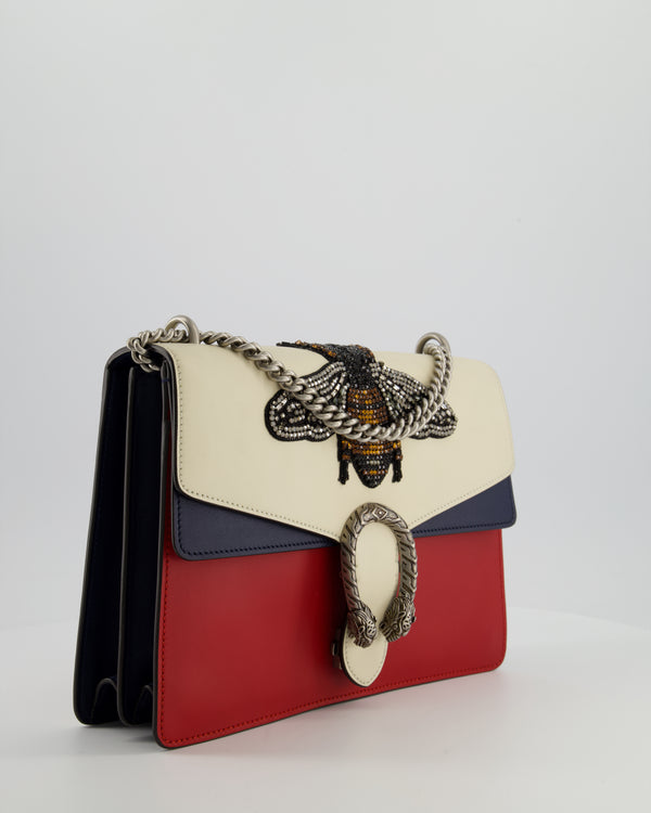 Gucci Red, Cream & Navy Dionysus Large Bag with Silver Hardware & Embellished Bee Detail