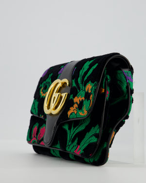 Gucci Black & Green Small Velvet Arli Shoulder Bag with Floral Jacqaurd Pattern and Gold Hardware