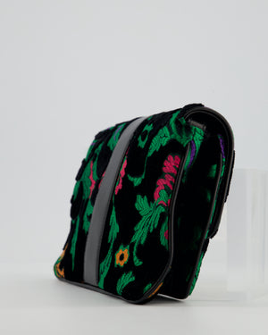 Gucci Black & Green Small Velvet Arli Shoulder Bag with Floral Jacqaurd Pattern and Gold Hardware
