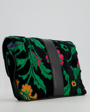 Gucci Black & Green Small Velvet Arli Shoulder Bag with Floral Jacqaurd Pattern and Gold Hardware