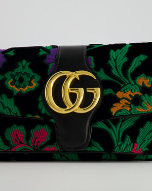 Gucci Black & Green Small Velvet Arli Shoulder Bag with Floral Jacqaurd Pattern and Gold Hardware