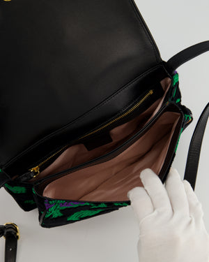 Gucci Black & Green Small Velvet Arli Shoulder Bag with Floral Jacqaurd Pattern and Gold Hardware