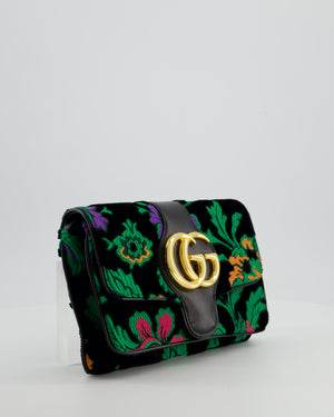 Gucci Black & Green Small Velvet Arli Shoulder Bag with Floral Jacqaurd Pattern and Gold Hardware