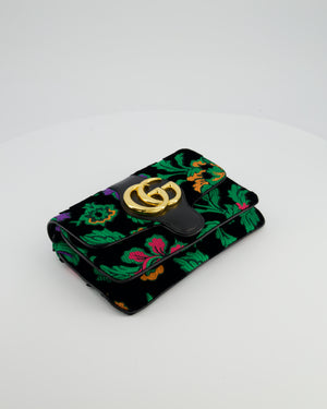 Gucci Black & Green Small Velvet Arli Shoulder Bag with Floral Jacqaurd Pattern and Gold Hardware