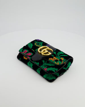 Gucci Black & Green Small Velvet Arli Shoulder Bag with Floral Jacqaurd Pattern and Gold Hardware