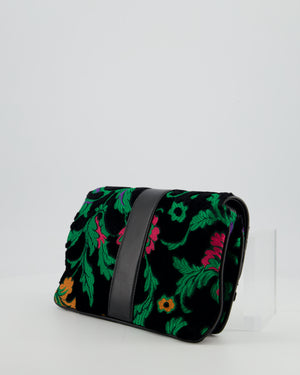 Gucci Black & Green Small Velvet Arli Shoulder Bag with Floral Jacqaurd Pattern and Gold Hardware