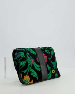 Gucci Black & Green Small Velvet Arli Shoulder Bag with Floral Jacqaurd Pattern and Gold Hardware