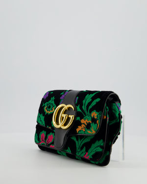 Gucci Black & Green Small Velvet Arli Shoulder Bag with Floral Jacqaurd Pattern and Gold Hardware
