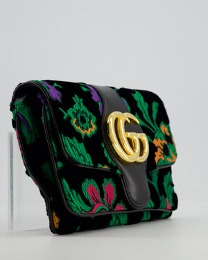 Gucci Black & Green Small Velvet Arli Shoulder Bag with Floral Jacqaurd Pattern and Gold Hardware