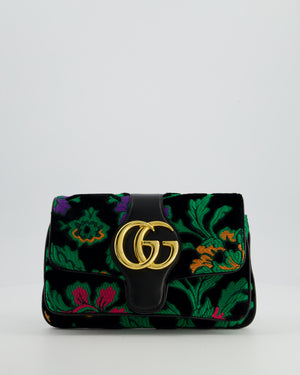 Gucci Black & Green Small Velvet Arli Shoulder Bag with Floral Jacqaurd Pattern and Gold Hardware