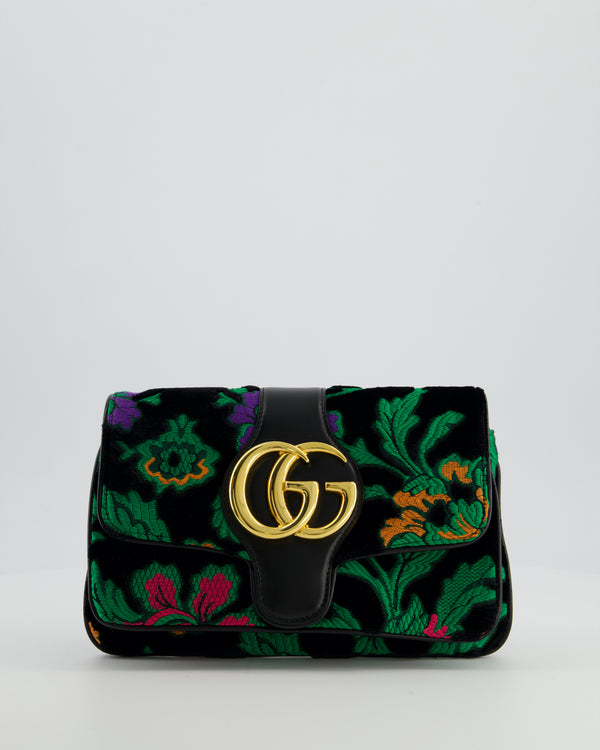 Gucci Black & Green Small Velvet Arli Shoulder Bag with Floral Jacqaurd Pattern and Gold Hardware