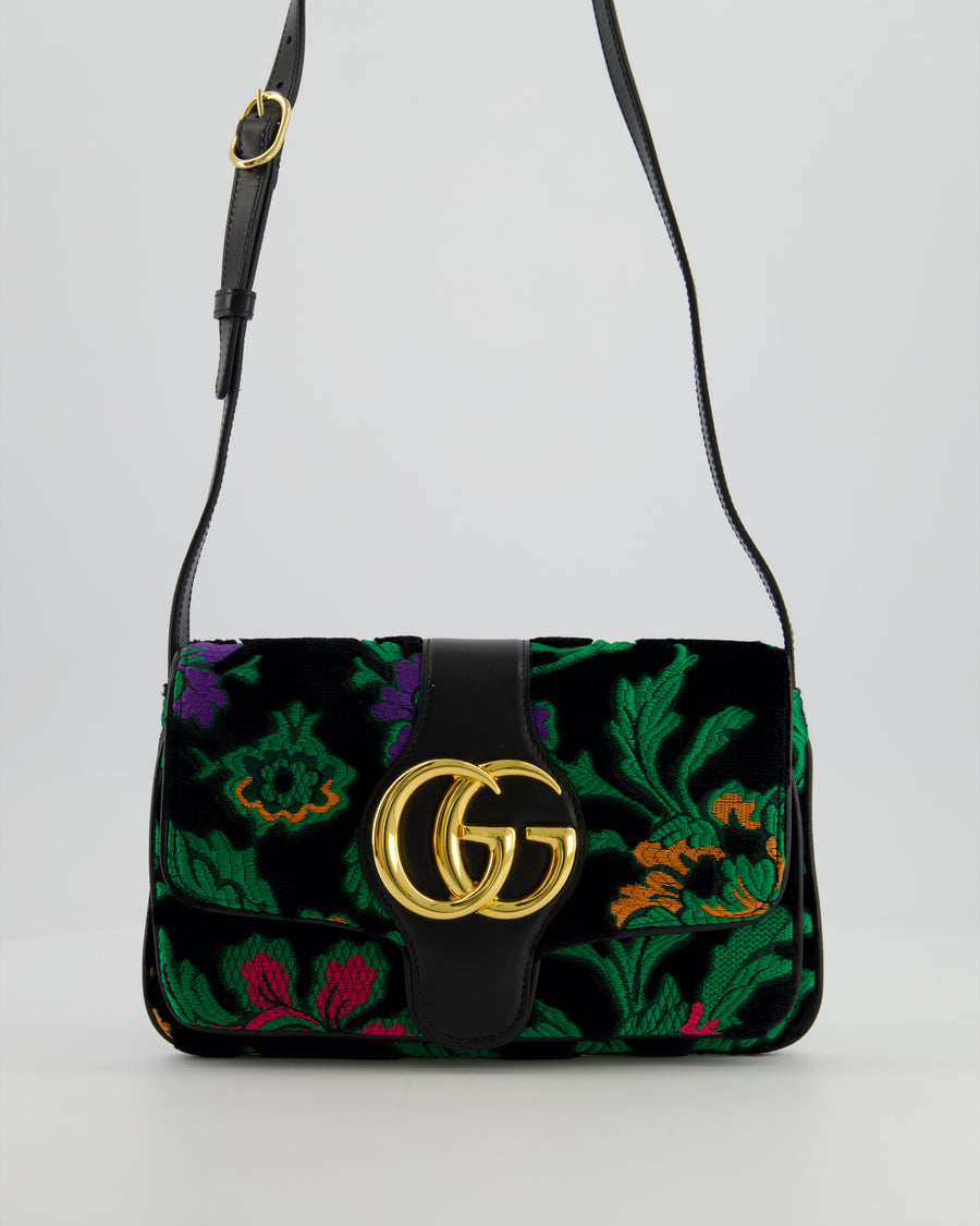 Gucci Black & Green Small Velvet Arli Shoulder Bag with Floral Jacqaurd Pattern and Gold Hardware