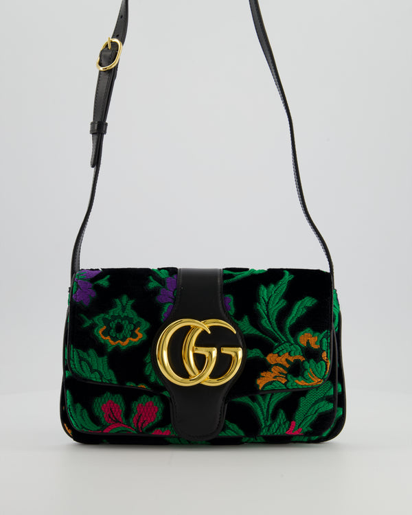 Gucci Black & Green Small Velvet Arli Shoulder Bag with Floral Jacqaurd Pattern and Gold Hardware