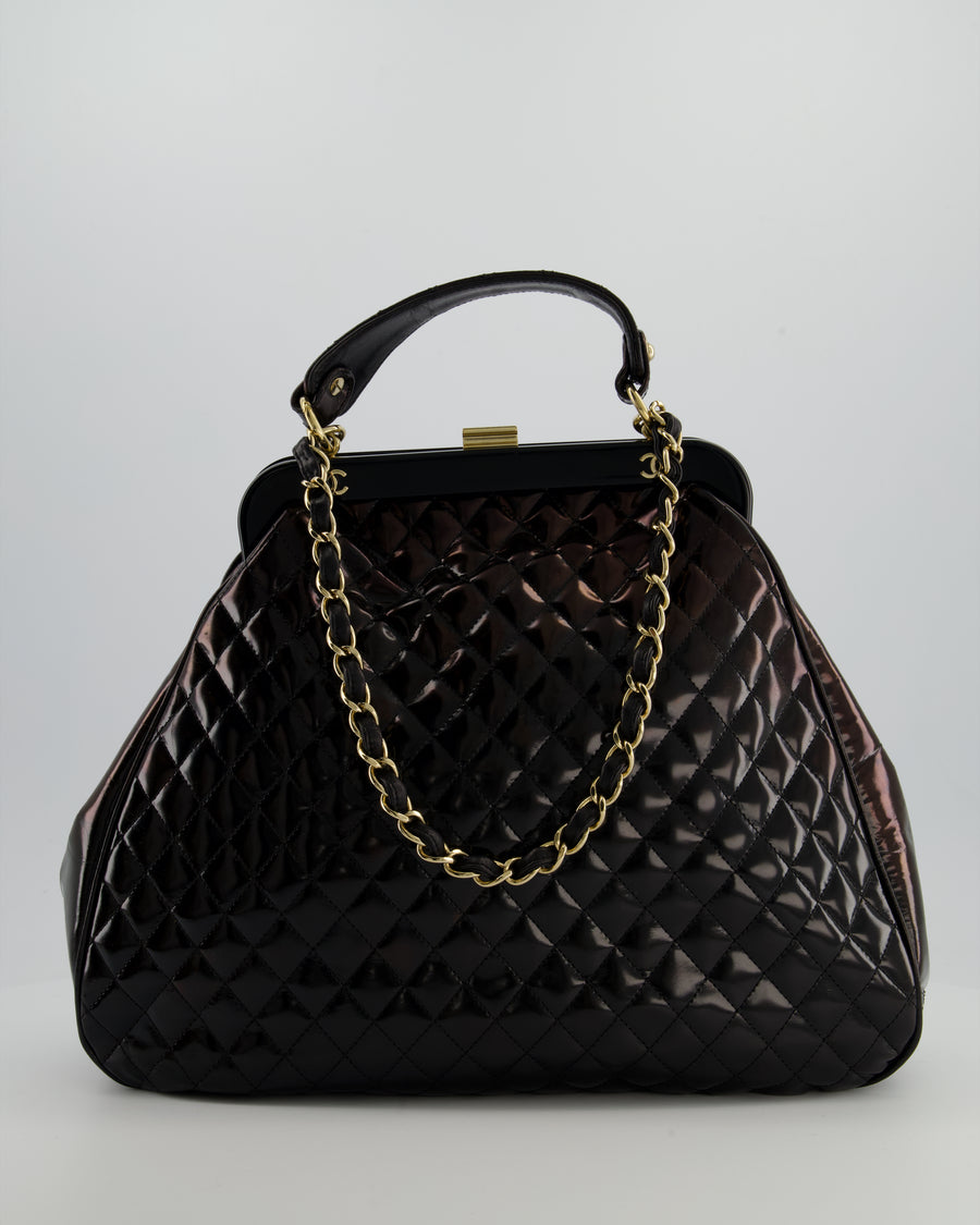 Chanel Black Patent Mademoiselle Frame Bag With Champagne Gold Hardware