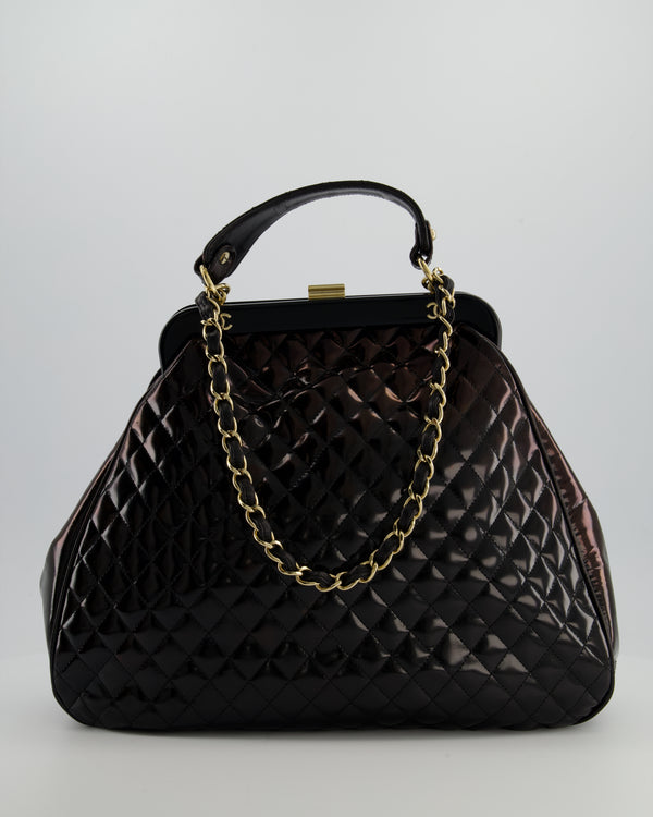 Chanel Black Patent Mademoiselle Frame Bag With Champagne Gold Hardware