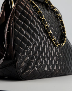 Chanel Black Patent Mademoiselle Frame Bag With Champagne Gold Hardware